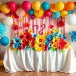 Decoración con flores de papel y globos para fiestas