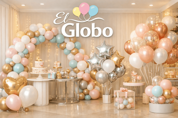 Interior de la tienda El Globo con decoración profesional de globos para eventos, arcos de globos pastel y metálicos en un ambiente elegante y luminoso